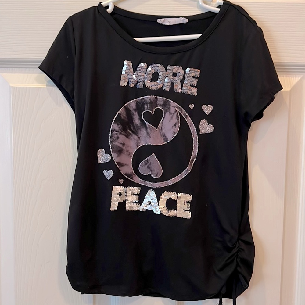 Girl black peace t-shirt short sleeve flip sequins glitter silver pink. Sz 7-8